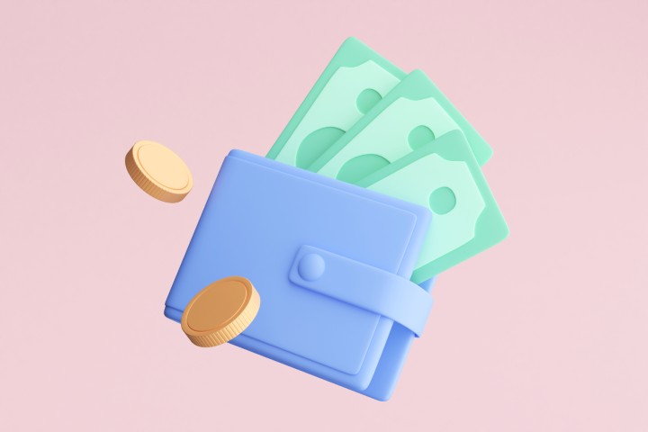 3D illustration of deposit or investment concept with wallet with dollar coins and banknotes isolated on pink background. For business, saving money, success, wealth, wealth, income.